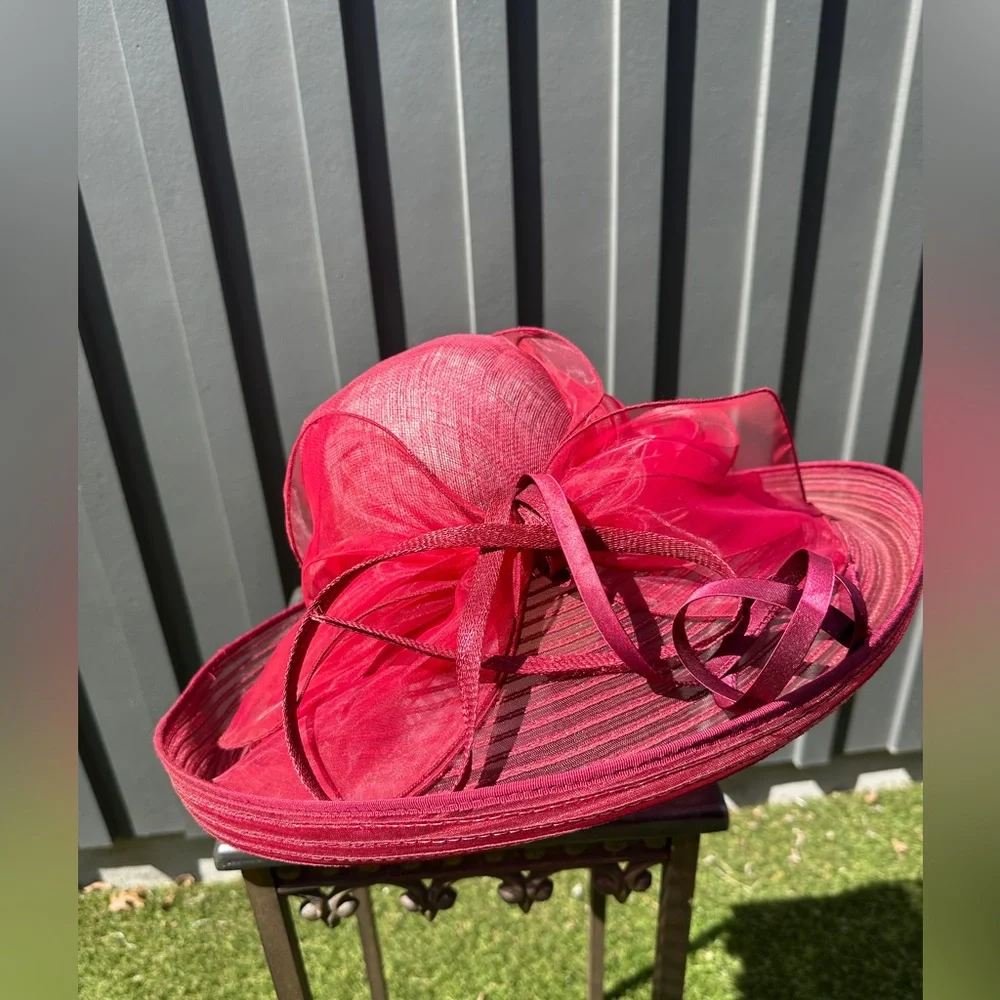 Something Special Cranberry Red Kentucky Derby Wide Brim Ribbon Bow Hat